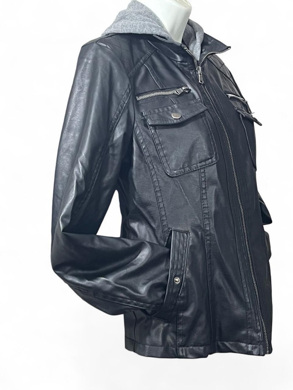 New Look Black Faux Leather Jacket with Gray Hood